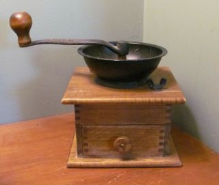 Vintage Wood Cast Iron Hand Crank Coffee Mill Grinder Dovetail Box Drawer