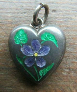Rare Antique Victorian Sterling Silver Enamel Puffy Heart Charm Lucky Pansy