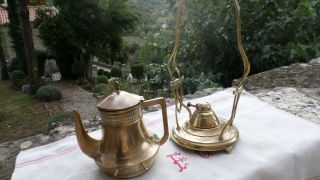Vintage / antique Brass French ? Brass Tea Pot & stand with burner 3
