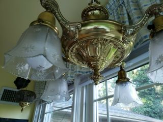 Antique Brass Pan Style (4) Light Art Deco Chandelier