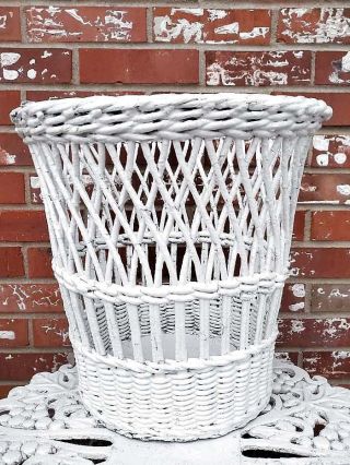 Vintage Wicker Wood Trash Can White Painted Branches 14.  5x14.  75