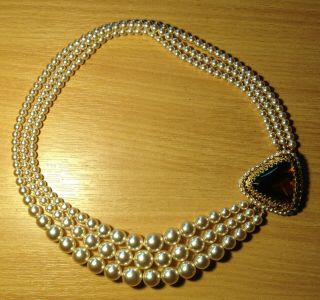 Vintage Graduated Triple Strand Faux Pearl Necklace With Large Statement Clasp