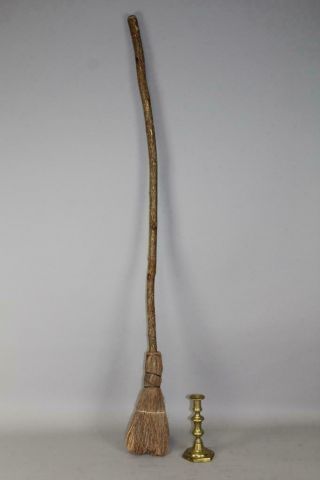 A Rare 19th C Hearth Corn Husk Broom With Hand Carved Long Handle