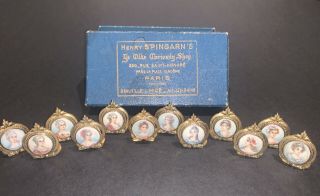 Fine Antique Set of 12 French Gold Place Card Holders Minature formal portraits 2