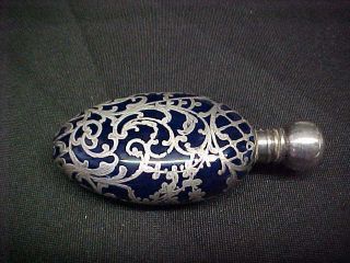 Antique Art Nouveau Sterling Overlay Cobalt Blue Sm Perfume Bottle W Stopper