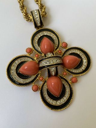 Huge Vintage Signed D’orlan Necklace With Faux Coral & Crystal Pendant