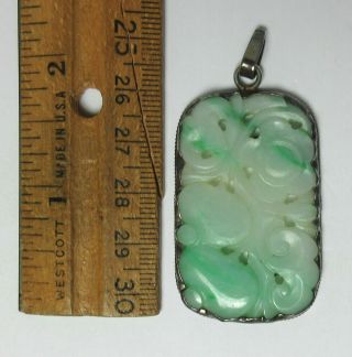 Antique Chinese Carved Green Jade Pendant In Sterling Silver Mount