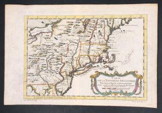 Antique 1757 Bellin Early Hand Colored Map Of England Ny Pa Nj Ct Vt Nh Ri