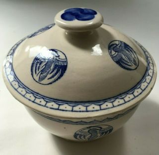 Antique Vintage Blue White Ceramic Covered Chinese Rice Bowl Cranes