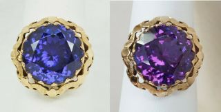 Antique 14k Yellow Gold Synthetic Color Change Alexandrite Ring Blue To Purple