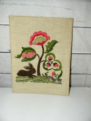 Vintage Completed Finished Crewel Paragon Embroidery Flowers Rabbit 100 Linen