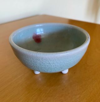 Antique Chinese Celadon Glaze Porcelain Tripod Censer Bowl Dish Marks Red