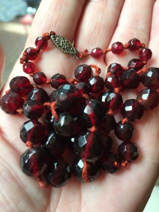 Vintage Necklace Of Ruby Glass Cut Crystal Beads 20.  5 " W/sliver Filigree Clasp