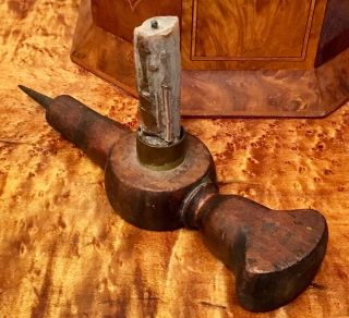 Antique 18th Century Wrought Iron,  Wood & Brass Tommy Candle Light Holder Signed