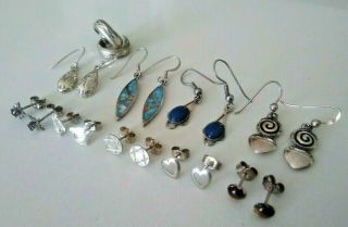 10 Pairs Of Vintage Sterling Silver Earrings: Studs & Drops,  Sapphire,  Horses.