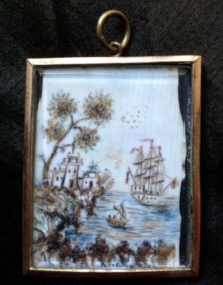 Fine Georgian Antique Mourning Hair Art Picture Locket Ship Sea Scape Miniature