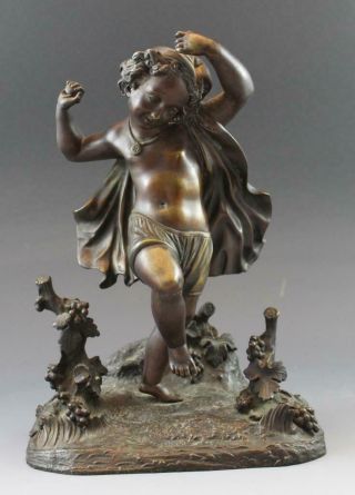 19c French Bacchanalian Figural Bronze Of Dancing Cherub W/ Grapes