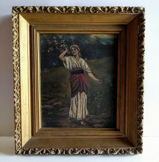Antique 19th C.  Oil Painting Portrait Woman In A Landscape Scene European Genre