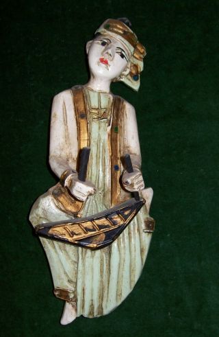 Antique - Vintage Burmese?painted Wooden Figurine Of A Musician Playing A Drum