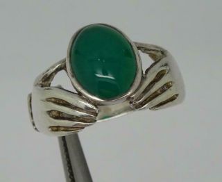 Vintage Sterling Silver Protection Green Chalcedony Hands Ring,  Size M 1/2
