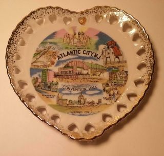 Vintage Atlantic City Nj Souvenir - 5” Plate Trinket Dish - Heart Shape Gold Trim