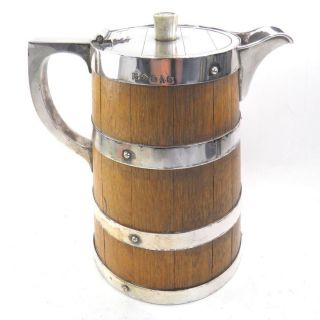 Antique Silver Plate & Coopered Oak Barrel Beer Cider Pitcher Flagon Jug