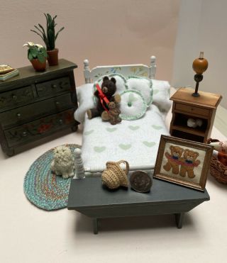 Dollhouse Miniature Vintage Custom Teddy Bear Bedroom Bed Dresser Artisan Items