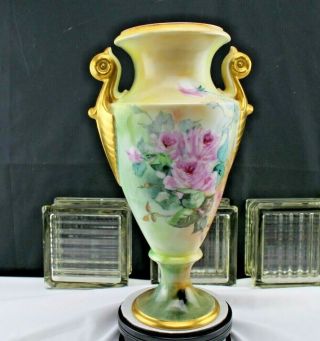 Antique J.  P.  L.  Jean Pouyat,  Limoges France,  Two Handle Tall Urn/vase Pink Roses