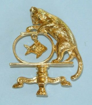 Vtg.  Signed Avon Gold Tone Cat With Dangle Fish Bowl 2 " Brooch