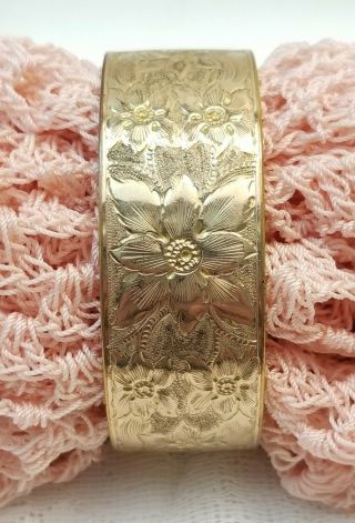 Wide Antique Victorian Gold Filled Hinged Bangle Bracelet Signed Flower Jewelry