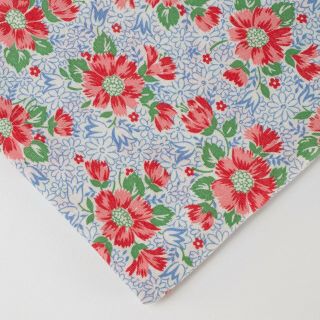 Vtg Feedsack Fabric Floral Flowers Print On White Red Green Blue Busy Background