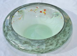 Vintage Scottish Strathearn Green Glass Shallow Bowl C.  1970 With Salmon Pontil