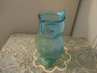 Vintage Glass Owl Shaped Pitcher Blue 8.  5 "