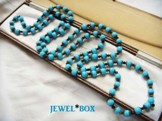 Vintage Art Deco Czech 45 " Long Faux Turquoise Glass Beads Flapper Necklace