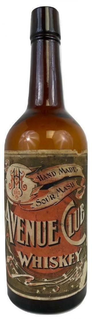 Antique 19thc Avenue Club Sour Mash Whiskey Glass Bottle,  Paper Label