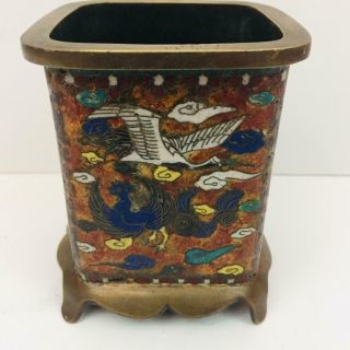 Antique C1900 Chinese Cloisonne Enamel Footed Open Box White Cranes Fire Birds