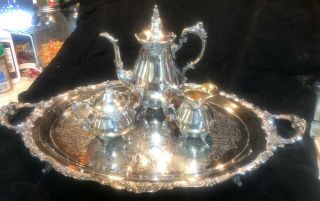 Baroque By Wallace Silver Plated 5 Piece Tea Set W/ Oval Tray/ Sugar And Creamer