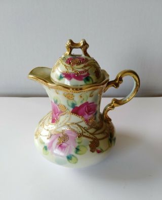 Vintage Nippon China Small Teapot Hand Painted Roses Gold Gilded