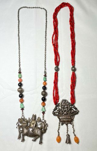 Antique Chinese Export Silver Necklaces Kylin And Flower Basket Qing Dynasty 19c