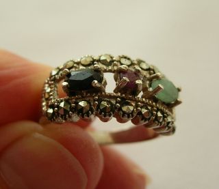 Exquisite Vintage Sterling Silver Emerald Ruby Sapphire Marcasite Ring Sz O / P