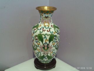 Fab Vintage Chinese Cloisonne On Brass Scrolling Flowers Design Vase 21 Cms Tall
