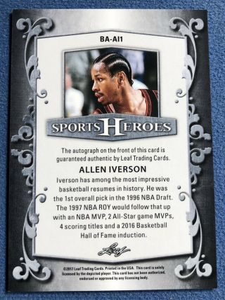 Allen Iverson 2017 Leaf Sports Heroes Autograph,  Auto Card,  Philadelphia 76ers 2