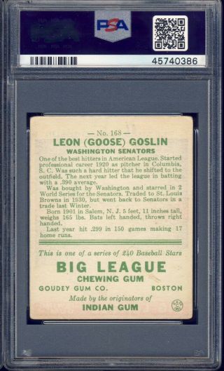 1933 Goudey Baseball 168 Goose Goslin PSA 2.  5 2