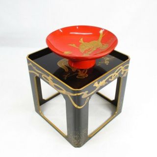 C001: Highest - Class Japanese Lacquered Sake Cup On Stand W/samurai Goods Makie