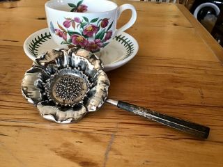 Poppy Art Nouveau Sterling Silver Over Cup Tea Strainer W/ Handle Floral Figural