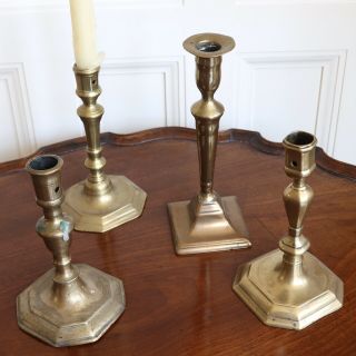 Four Decorative Antique 18th Century Brass Candlesticks C.  1740 - 80.