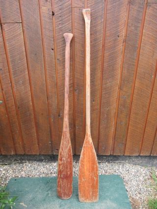 Very Interesting Vintage Wood Oars 54 " 60 Long Paddles With Old Patina Finish