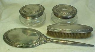 R.  Wallace & Sons Sterling Silver Dresser Set Powder & Hair Jars,  Brush & Mirror