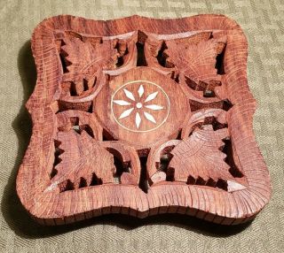 Vintage Unique Hand Carved Teak Wood Leaves W/ Detailed White Inlay Footed 6 "