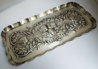 Large Size Heavy English Antique 1902 Solid Silver Cherubs Desk Pen Tray